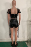 Black Fashion Solid Tassel Mesh Off the Shoulder Short Sleeve Two Pieces