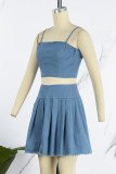 Blue Sexy Casual Solid Backless Spaghetti Strap Sleeveless Two Pieces