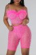 Pink Sexy Patchwork Hot Drilling Backless Spaghetti Strap Sleeveless Two Pieces
