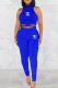 Blue Casual Print Letter O Neck Sleeveless Two Pieces