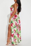 Green Sexy Casual Print Patchwork Slit V Neck Skinny Rompers