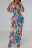 Multicolor Sexy Print Bandage Backless Halter One Step Skirt Dresses