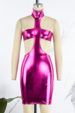 Silver Sexy Solid Patchwork Backless Asymmetrical Turtleneck Sleeveless Dress Dresses