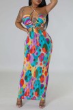 Multicolor Sexy Print Bandage Backless Halter One Step Skirt Dresses