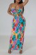 Multicolor Sexy Print Bandage Backless Halter One Step Skirt Dresses