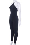 Black Sexy Solid Backless Halter Skinny Jumpsuits