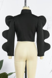 Black Casual Solid Patchwork O Neck Tops