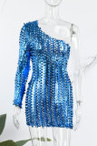 Green Sexy Solid Hollowed Out See-through Oblique Collar Long Sleeve Dresses