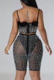 Pink Sexy Patchwork Hot Drilling Backless Spaghetti Strap Sleeveless Two Pieces