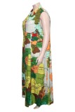 Green Casual Print Patchwork Shirt Collar Long Dress Dresses