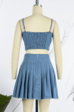 Blue Sexy Casual Solid Backless Spaghetti Strap Sleeveless Two Pieces
