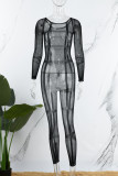 Black Sexy Solid See-through O Neck Skinny Jumpsuits