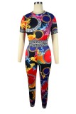 Multicolor Casual Print Patchwork O Neck Short Sleeve Two Pieces