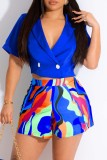 Red Casual Print Patchwork Turndown Collar Short Sleeve Two Pieces