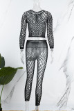 Black Sexy Solid Hollowed Out See-through O Neck Long Sleeve Two Pieces