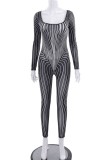 Black Sexy Striped See-through U Neck Skinny Jumpsuits
