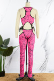 Watermelon Red Sexy Casual Print Bandage Hollowed Out O Neck Skinny Jumpsuits