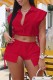 Red Casual Solid Patchwork Shirt Collar Short Sleeve Two Pieces