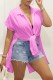 Rose Pink Casual Solid Patchwork Slit Shirt Collar Tops