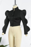 Black Casual Solid Patchwork O Neck Tops