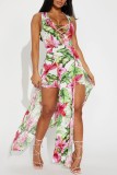 Green Sexy Casual Print Patchwork Slit V Neck Skinny Rompers