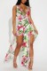 Green Sexy Casual Print Patchwork Slit V Neck Skinny Rompers