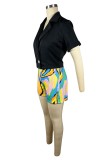 Red Casual Print Patchwork Turndown Collar Short Sleeve Two Pieces