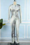Grey Sexy Street Print Patchwork Zipper Collar Skinny Jumpsuits