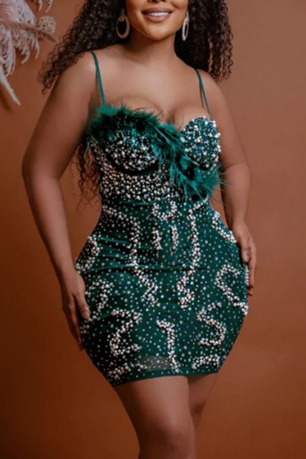 Green Sexy Patchwork Hot Drilling Backless Spaghetti Strap Sleeveless Dress Dresses