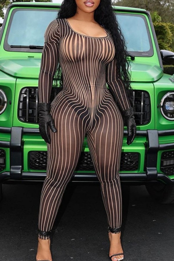 Black Sexy Striped See-through U Neck Skinny Jumpsuits