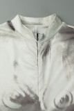 Grey Sexy Street Print Patchwork Zipper Collar Skinny Jumpsuits