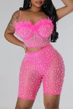 Pink Sexy Patchwork Hot Drilling Backless Spaghetti Strap Sleeveless Two Pieces