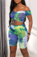 Royal Blue Casual Print Tie Dye Patchwork Draw String Off the Shoulder Short Sleeve Two Pieces