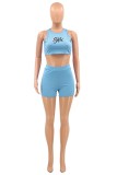 Sky Blue Casual Letter Print Basic O Neck Sleeveless Two Pieces