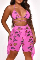 Pink Sexy Butterfly Print Bandage Backless Swimsuit Three Piece Set