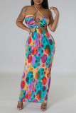Multicolor Sexy Print Bandage Backless Halter One Step Skirt Dresses