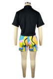 Red Casual Print Patchwork Turndown Collar Short Sleeve Two Pieces