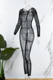 Black Sexy Solid See-through O Neck Skinny Jumpsuits