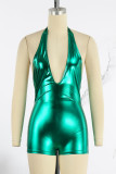 Green Sexy Solid Bandage Backless Halter Skinny Rompers