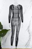 Black Sexy Solid See-through O Neck Skinny Jumpsuits