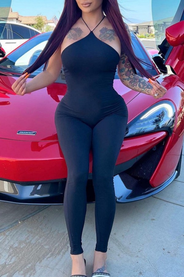 Black Sexy Solid Backless Halter Skinny Jumpsuits