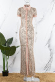 Champagne Sexy Patchwork Sequins Slit Turndown Collar Short Sleeve Dress Dresses