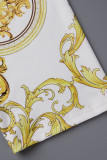 Cream White Casual Elegant Print Patchwork Off the Shoulder Three Quarter Two Pieces
