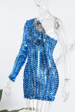 Green Sexy Solid Hollowed Out See-through Oblique Collar Long Sleeve Dresses