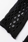 Black Sexy Solid Hollowed Out See-through O Neck Long Sleeve Two Pieces