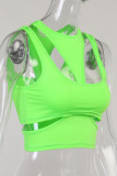Fluorescent Green Casual Sportswear Solid Patchwork Asymmetrical O Neck Tops