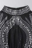 Green Sexy Patchwork Hot Drilling See-through Half A Turtleneck Long Sleeve Dresses