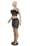Pink Sexy Patchwork Hot Drilling Backless Spaghetti Strap Sleeveless Two Pieces