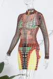 Brown Sexy Print Basic Turtleneck Long Sleeve Two Pieces