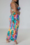 Multicolor Sexy Print Bandage Backless Halter One Step Skirt Dresses